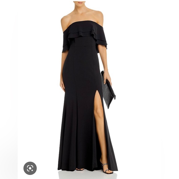 knee length dresses for ladies Xscape Womens Petites Off-The-Shoulder Maxi Evening Dress Purple 14p main image 0